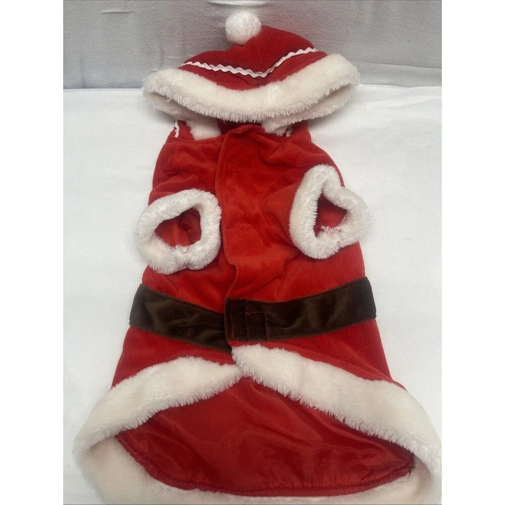 Pet Holiday Hooded Santa Costume Brown Belt Puppy Dog Size Medium Christmas Cute